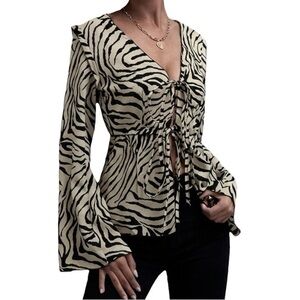 SHEIN Zebra Print Tie Front Blouse Black Cream S